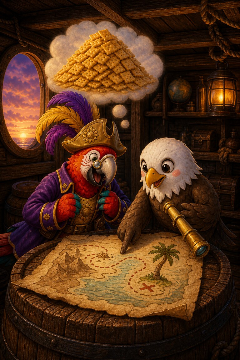 Polly dreams of a mountain of crackers while Captain Beakon studies a treasure map.