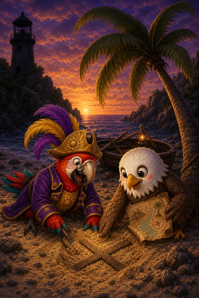 Polly and Captain Beakon dig at the X on the rocky shore as the sun sets.