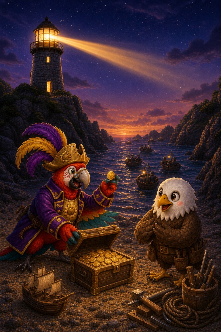 Polly holds up a gold coin beside the open chest as the repaired lighthouse shines.