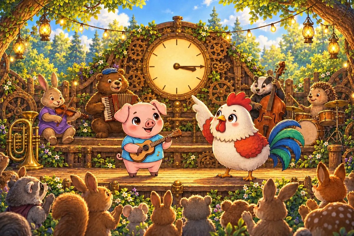 Pork-ulele the piglet plays the ukulele on a forest stage while Cluck O'Clock points at the big clock showing quarter past three.