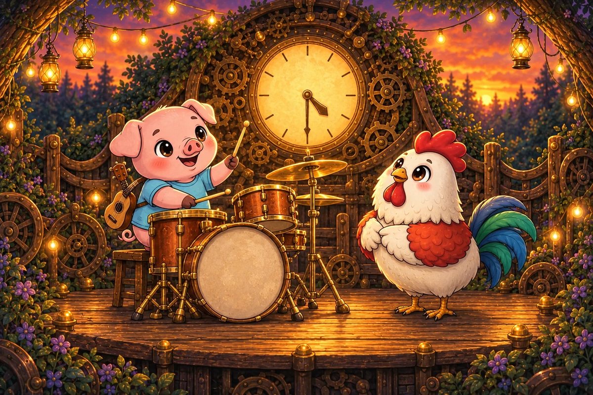Pork-ulele taps a drum kit as the stage clock shows half past four and Cluck O'Clock watches.