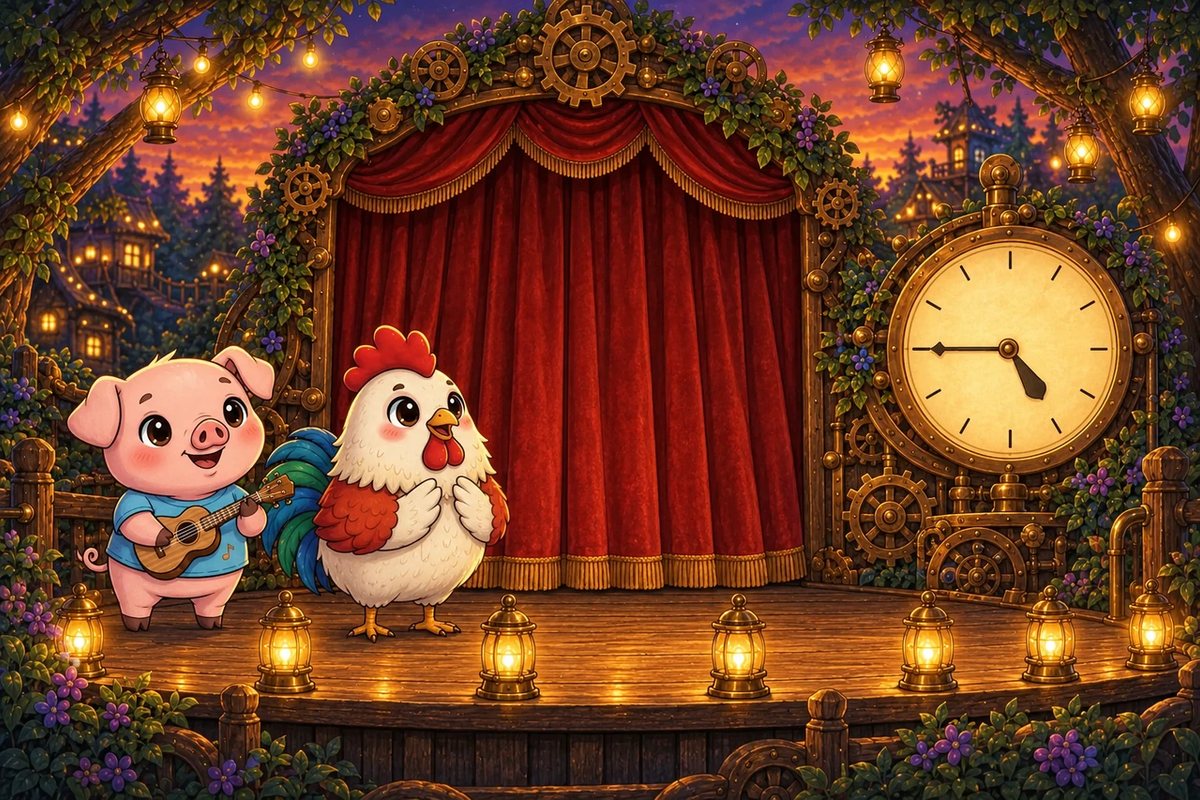 Pork-ulele and Cluck O'Clock wait by the red stage curtain as the lamp-post clock shows quarter to five.