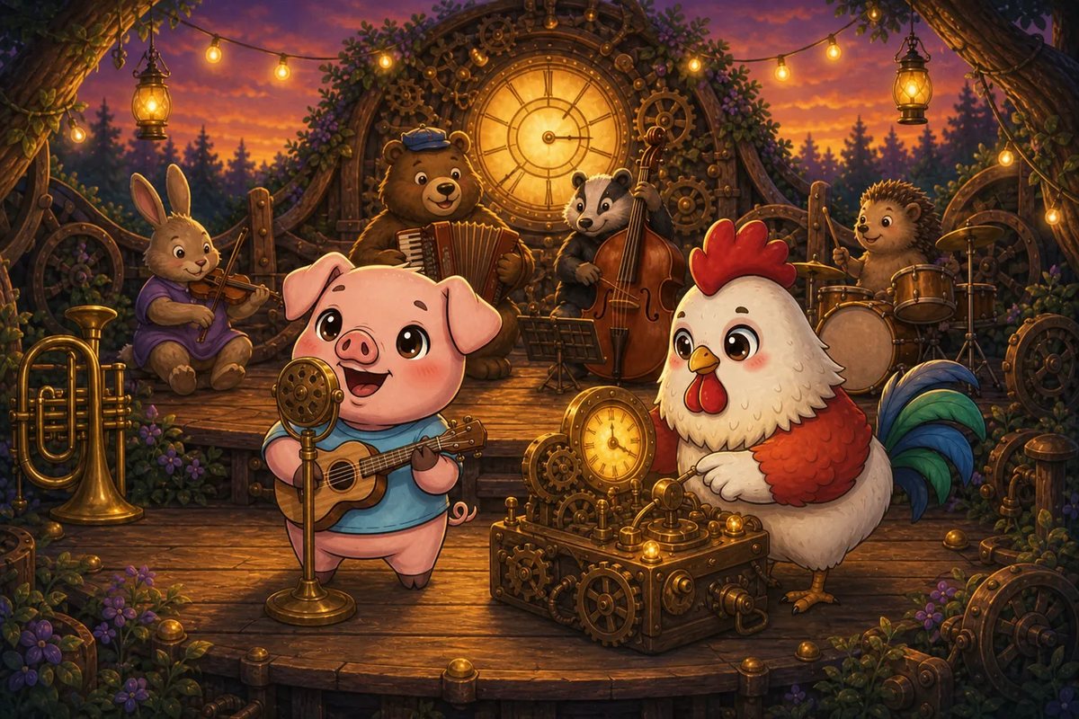 Pork-ulele sings at a microphone with the band behind while Cluck O'Clock checks a small brass clock.