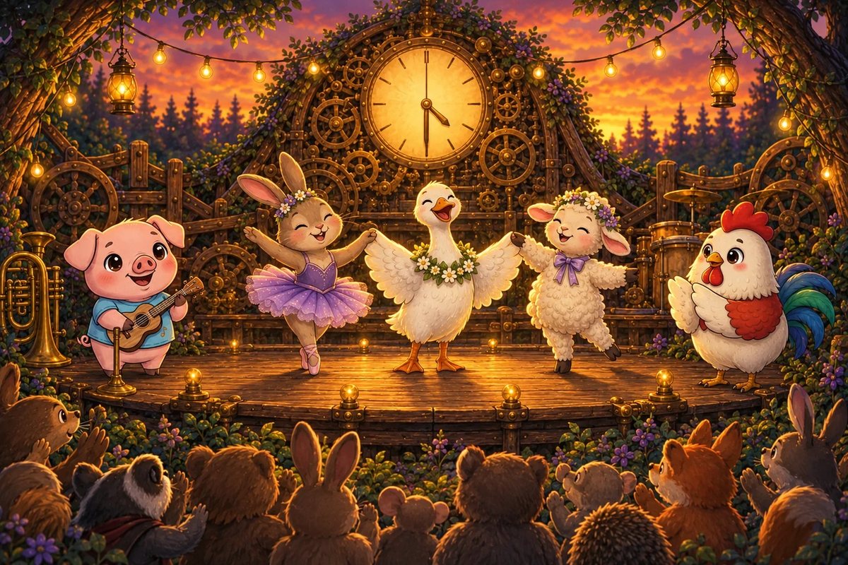 A rabbit, a goose and a lamb take a bow under the clock at half past four while Pork-ulele plays and Cluck O'Clock claps.