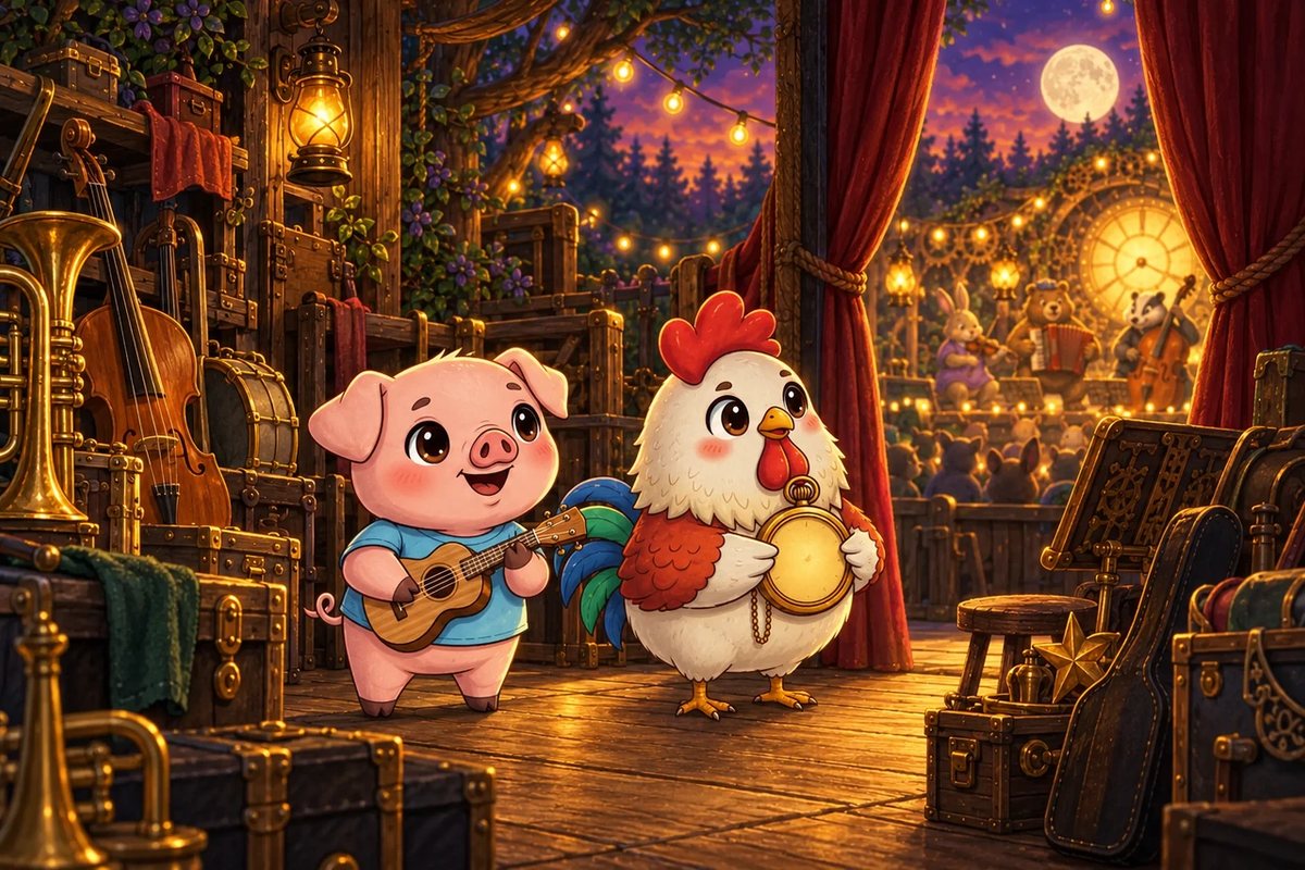 Backstage, Pork-ulele holds the ukulele and Cluck O'Clock holds a brass pocket watch, with the lit stage beyond the curtain.