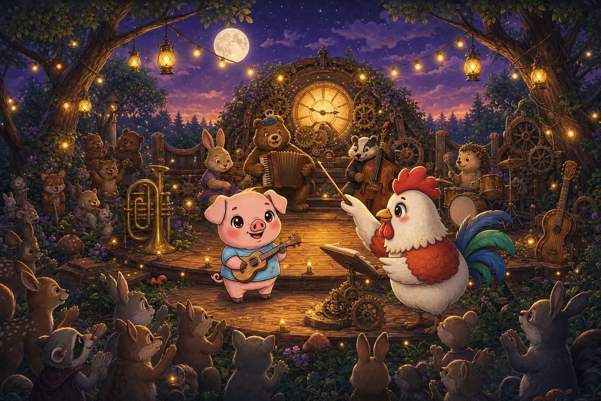 Woodland friends cheer as Pork-ulele plays and Cluck O'Clock conducts under a full moon.