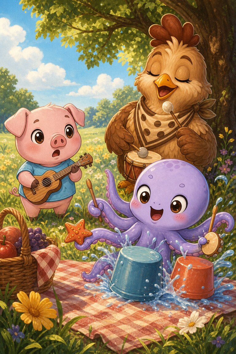 Pork-ulele pauses as Coop-Accino sings and Octo-Pop taps two splashing buckets.