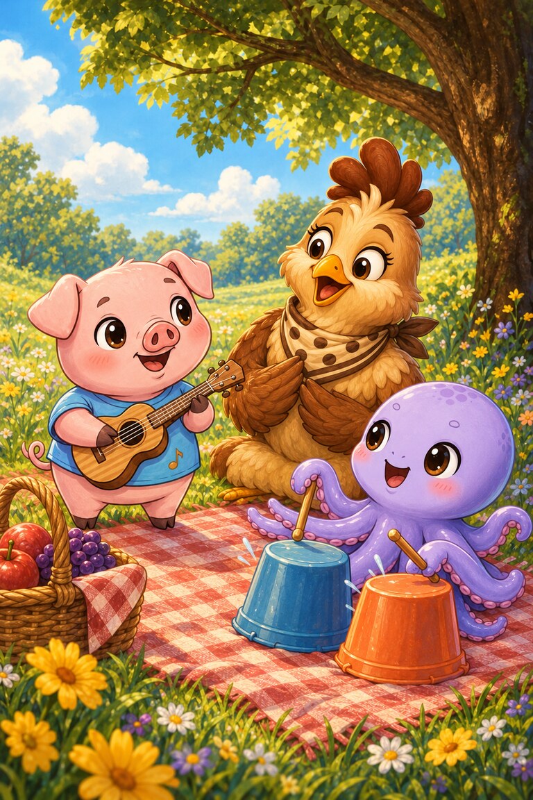 Pork-ulele plays his ukulele, Coop-Accino sings and Octo-Pop taps blue and orange buckets as they listen to one another.