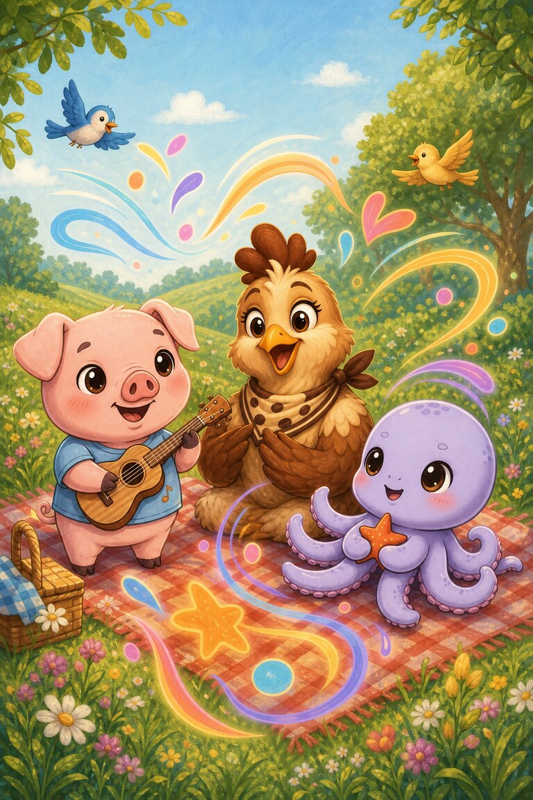 Pork-ulele, Coop-Accino and Octo-Pop share their song as two birds join in above the picnic.