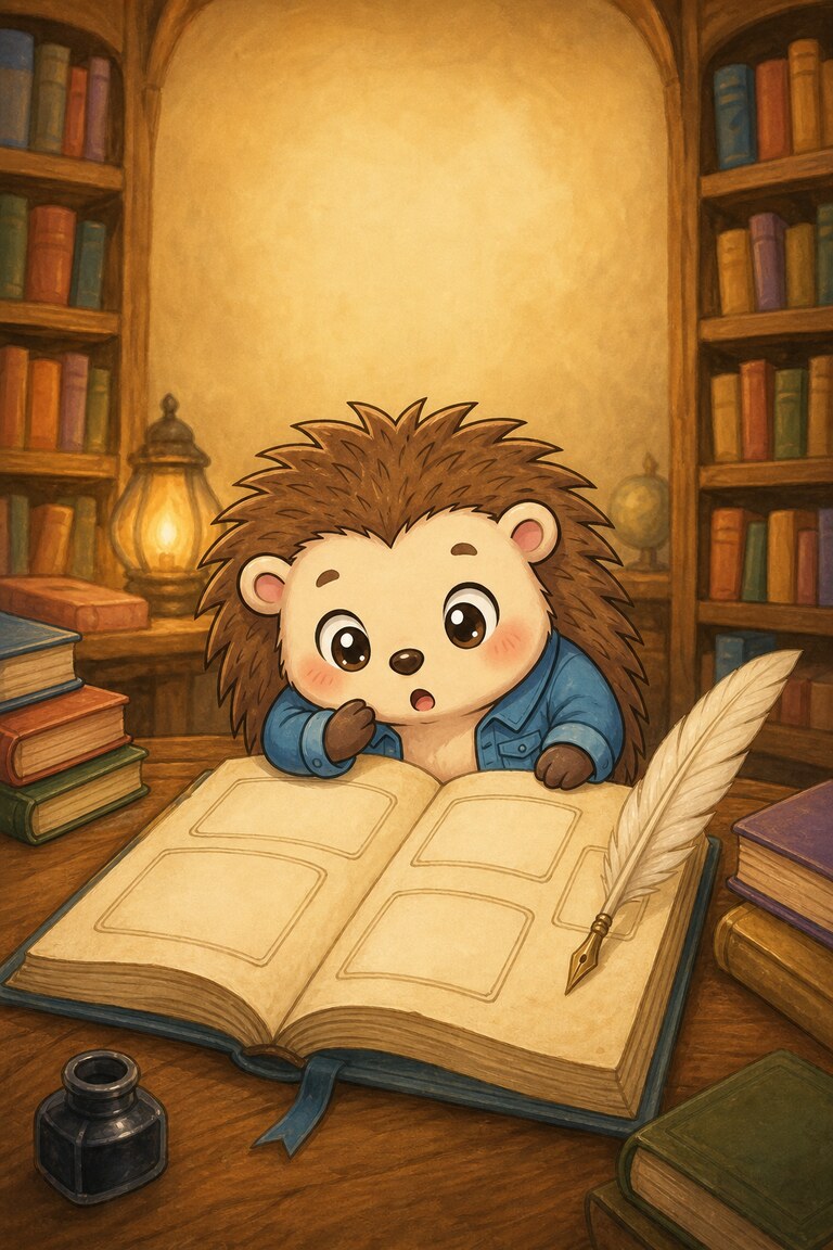 Quill-Berry the hedgehog looks surprised at an open book with blank spaces and a quill pen.