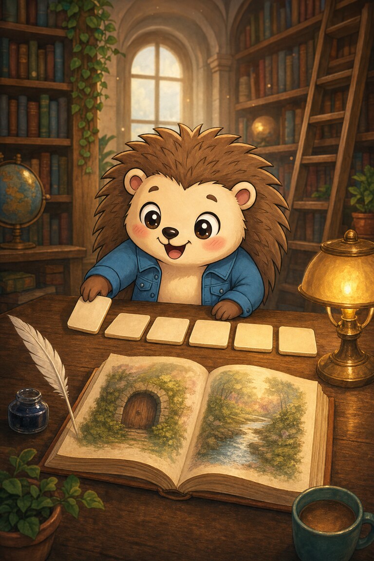 Quill-Berry lines up word cards on a library desk beside an open storybook.