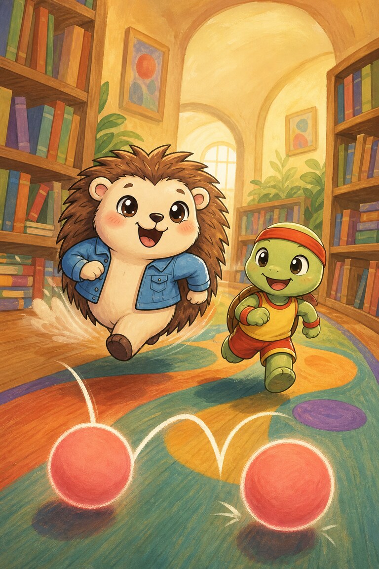 Quill-Berry runs alongside a turtle as two bouncing balls show the beats in a word.