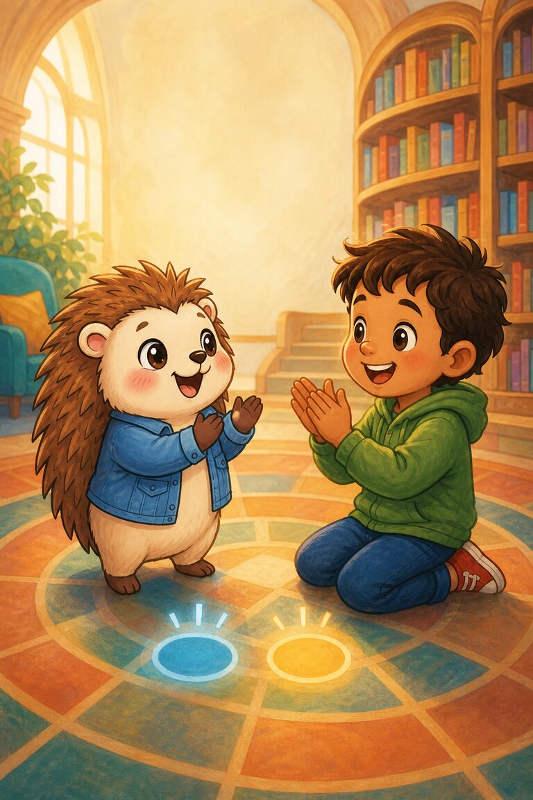 Quill-Berry and a child clap together on a patterned library floor.