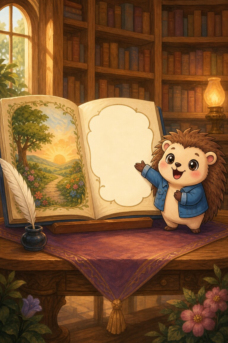 Quill-Berry points to a giant open book with one page left blank for the next reader.