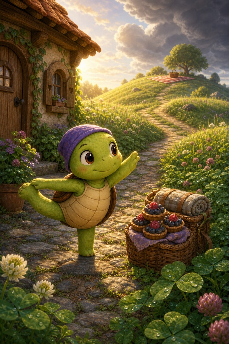 Shelly-Pop stretches beside her basket of berry cakes outside a cottage under gathering clouds.