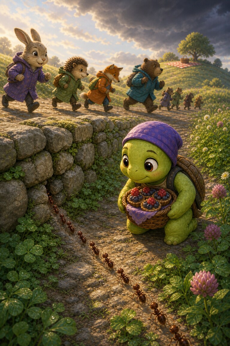 Shelly-Pop notices ants beside a crack in a wall as other walkers hurry along the wide path.