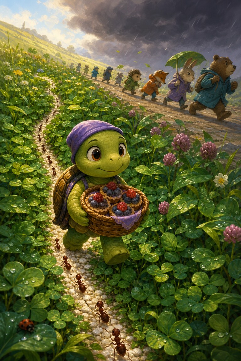 Shelly-Pop carries her basket along a line of pale pebbles through clover.