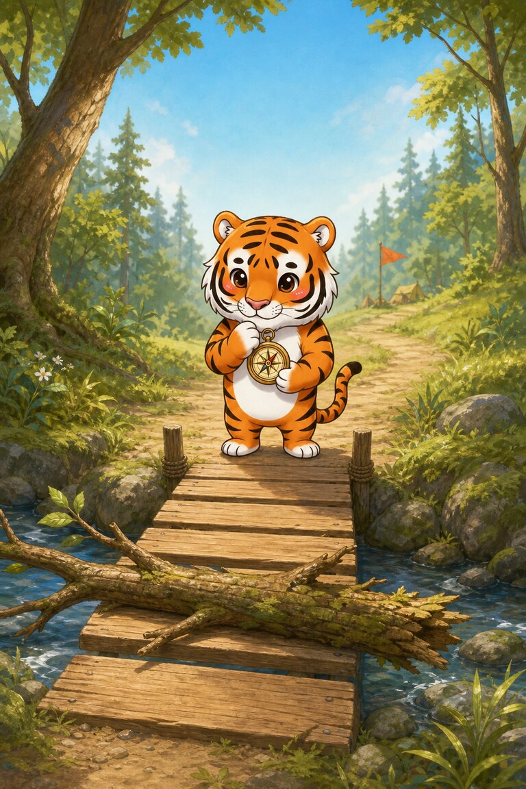 Stripe-Scout the tiger holds a compass on a wooden bridge blocked by a fallen branch.