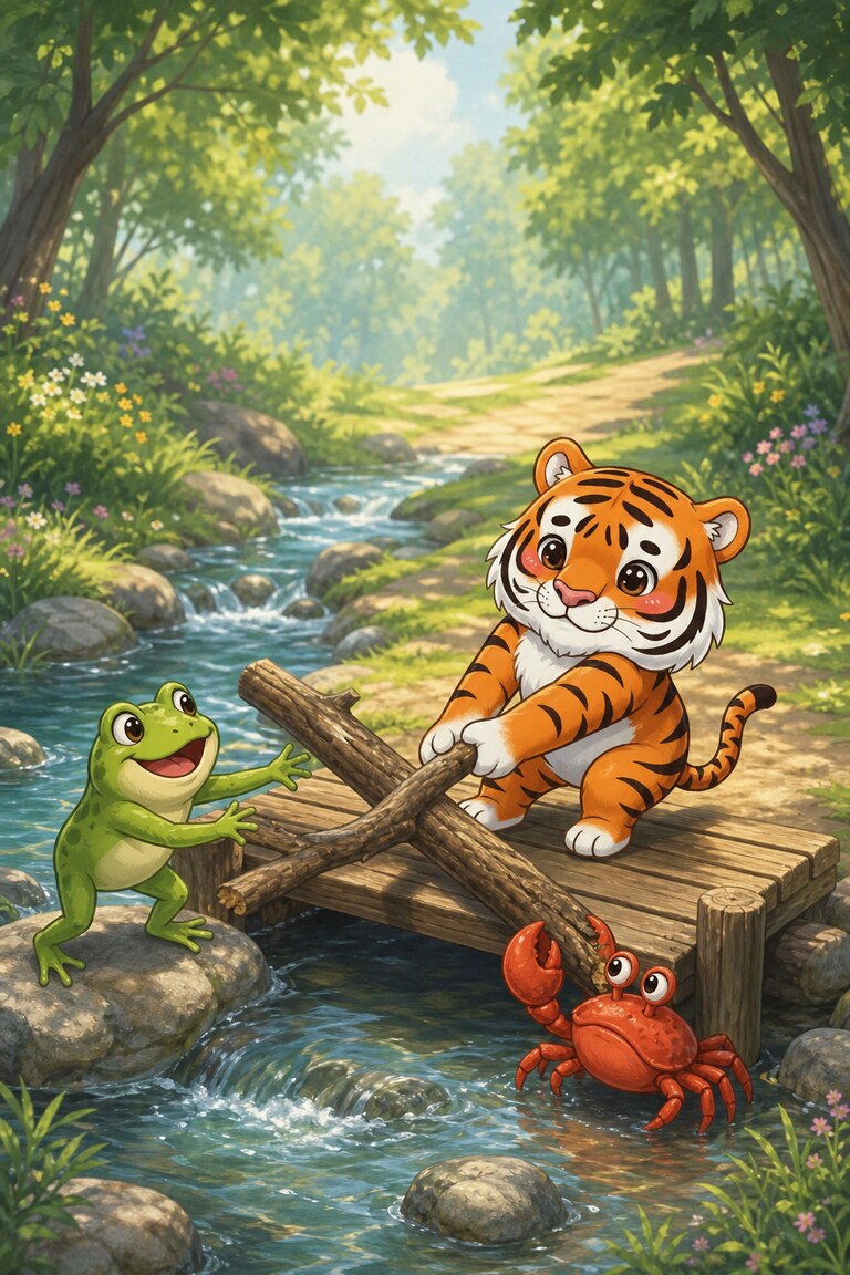 Stripe-Scout tugs at the branch while a frog and a crab come to help.