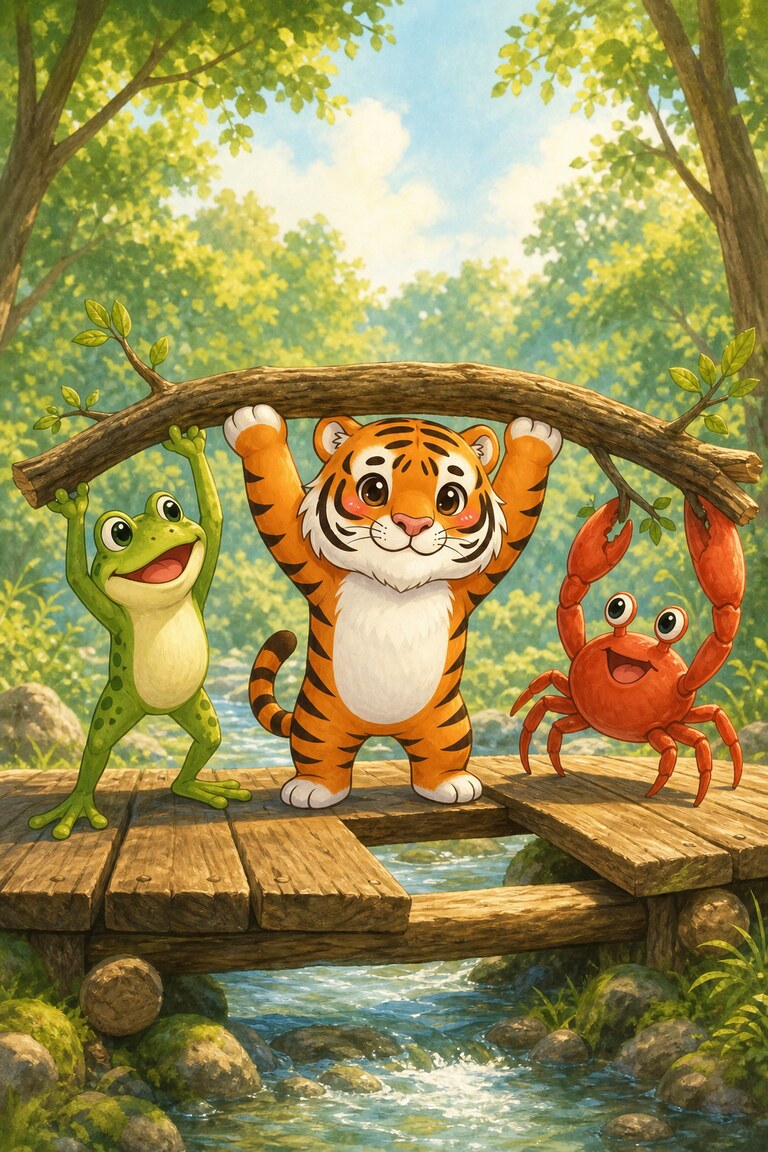 The frog, Stripe-Scout and the crab lift the branch high above the bridge planks.