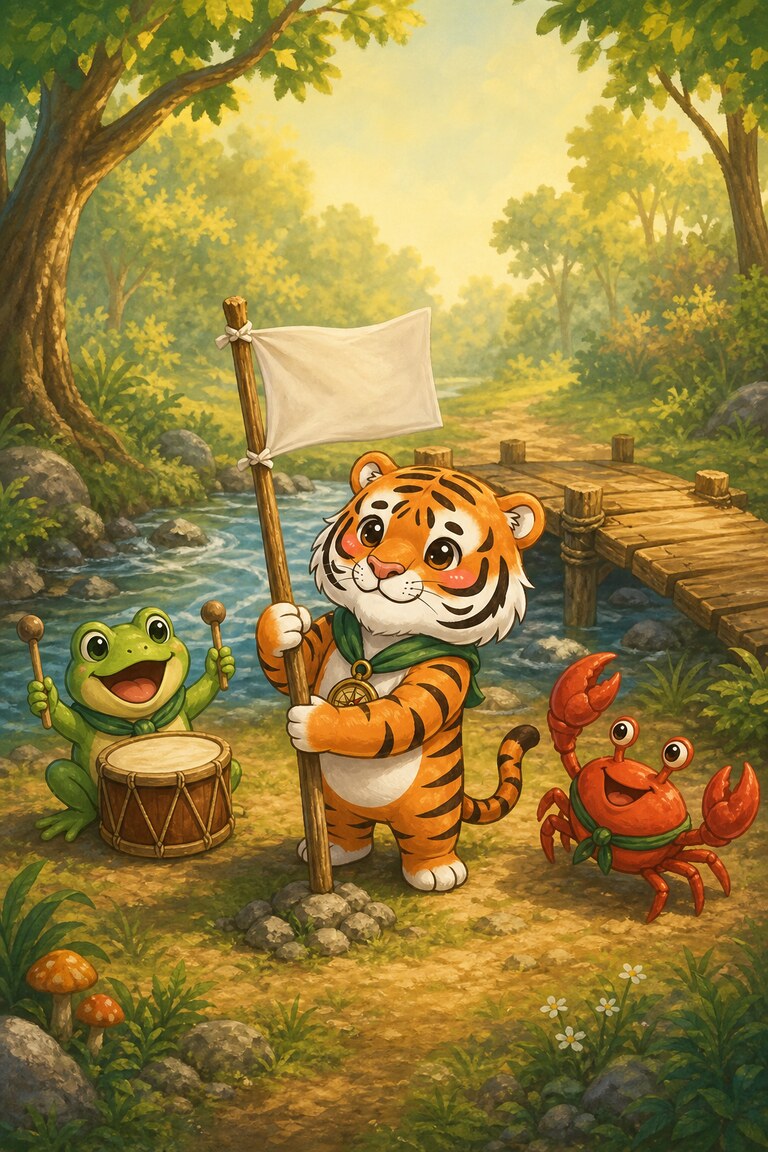 Stripe-Scout holds a flag while the frog taps a drum and the crab dances.