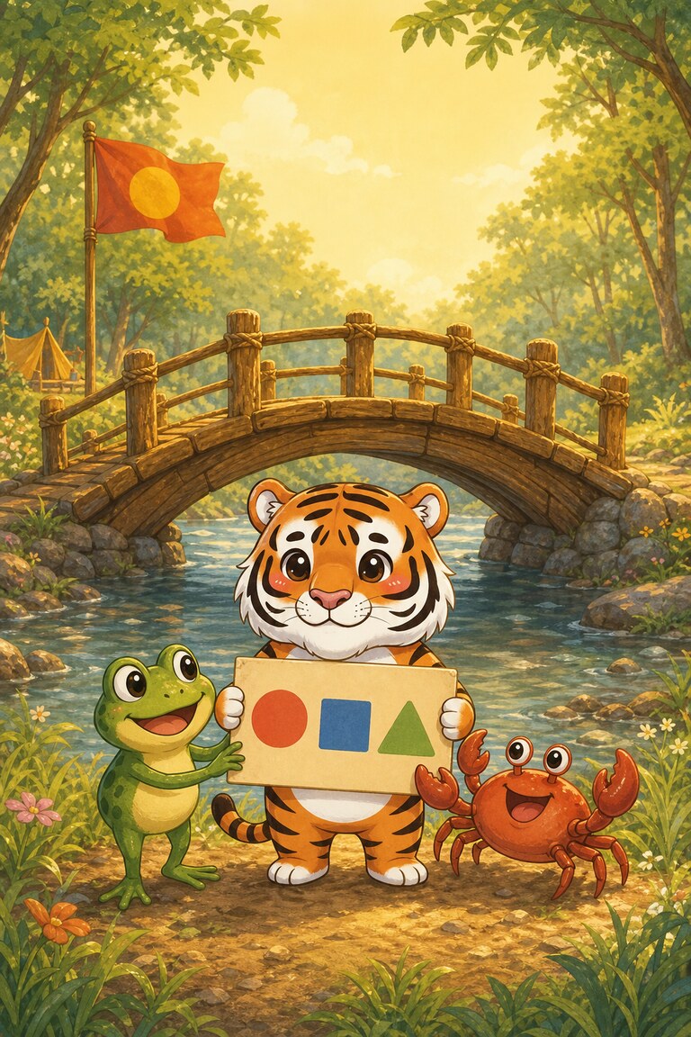 The three friends hold up a sign in front of the bridge, with a flag flying behind them.