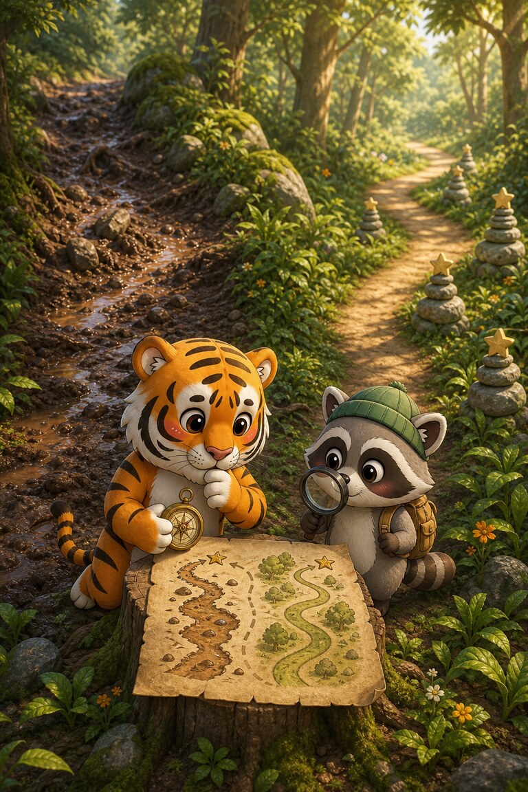 Stripe-Scout the tiger and Snack-Spector study a map at a fork in a forest trail.