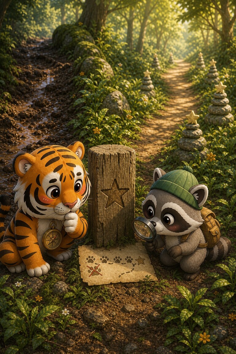 Snack-Spector points to a clue beside a wooden post marked with a star.