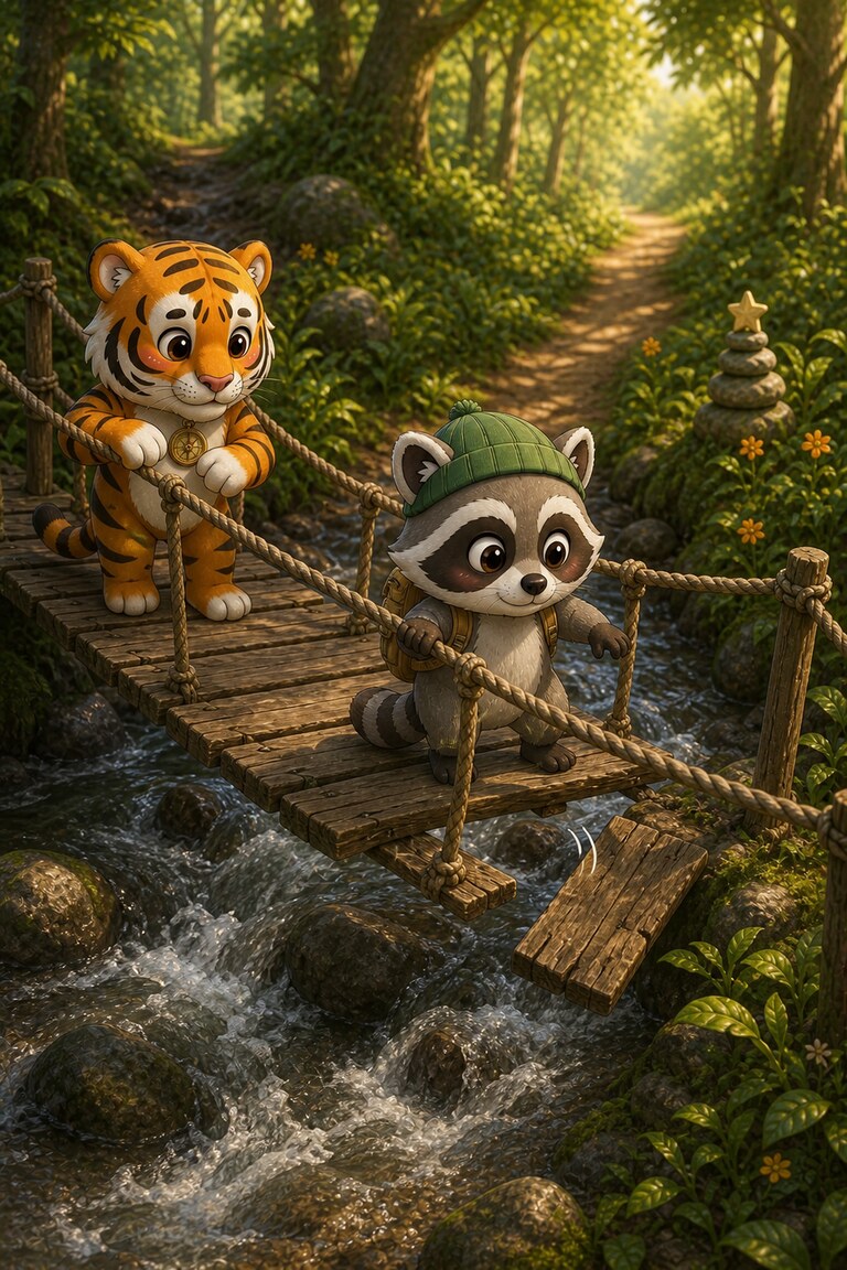 Stripe-Scout and Snack-Spector cross a wobbly rope bridge over a stream.
