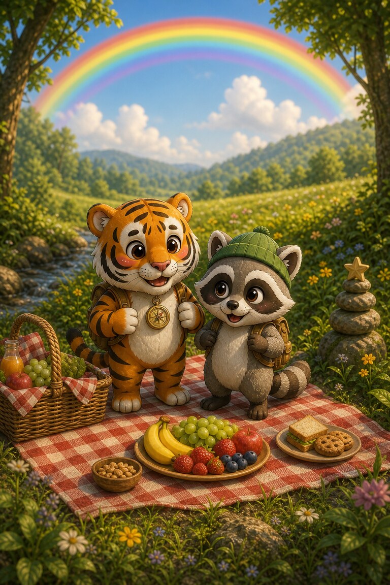 The two friends stand by a picnic under a bright rainbow.