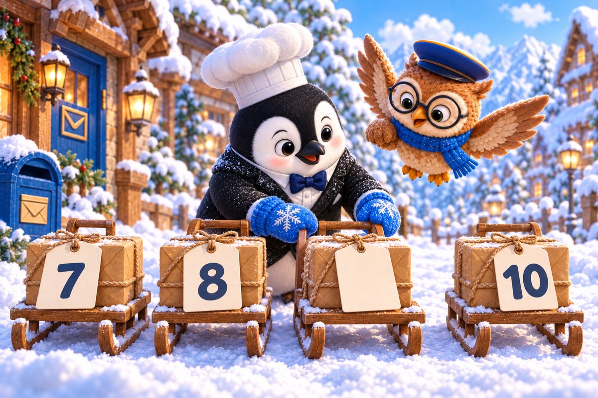 Four parcel sleds in the snow with cards showing 7, 8, a blank card turned face down, and 10. Booklava flies above.