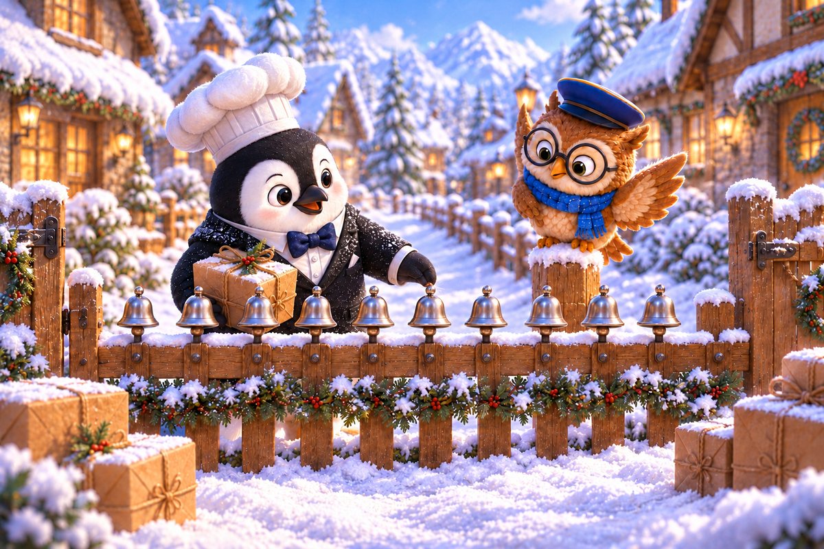 Sub-Zero rings one of ten silver bells along a snowy garden fence, holding a parcel.