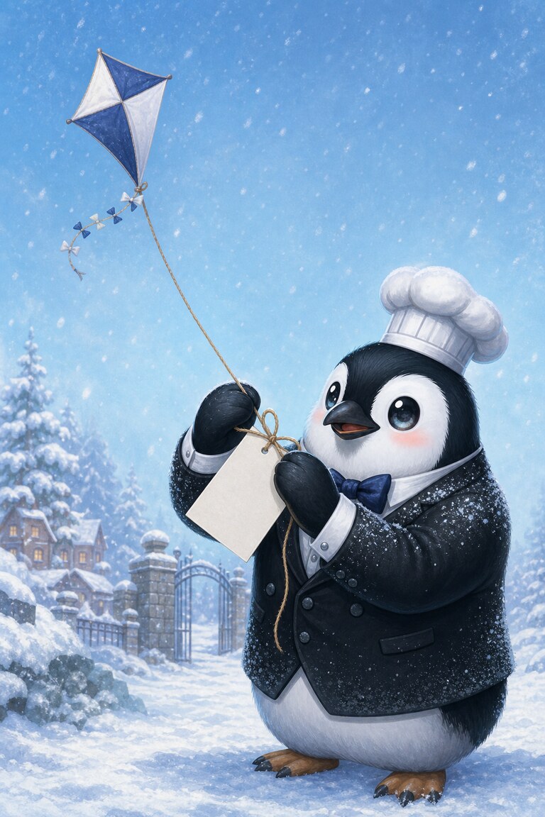 Sub-Zero the penguin ties a note to a kite in the falling snow.
