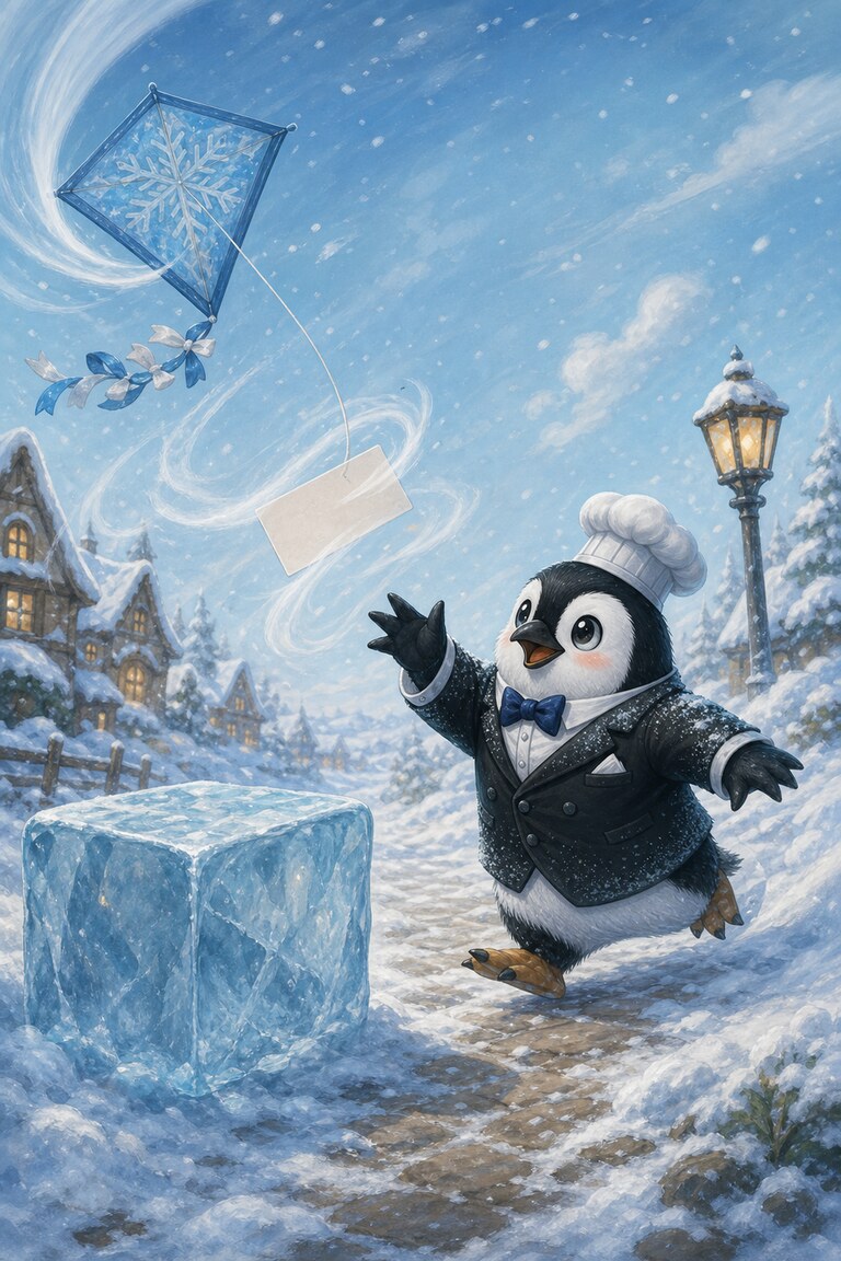 The kite dives away on the wind and the note flutters past a large ice cube.