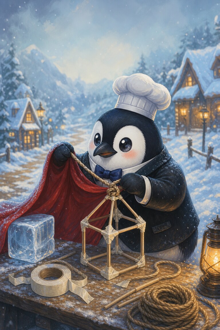 Sub-Zero ties rope around a lantern frame next to a red cape and a roll of tape.