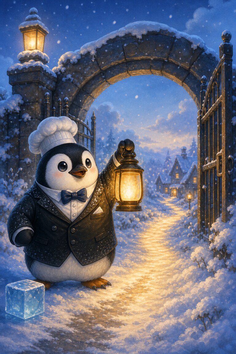 Sub-Zero holds a glowing lantern by a snowy stone gate, lighting the path home.