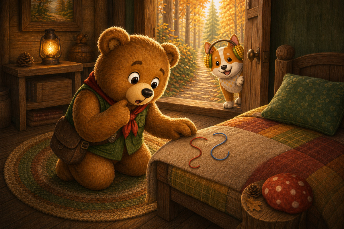 Ted-E-Bear discovers the empty thread where his lucky button should be.