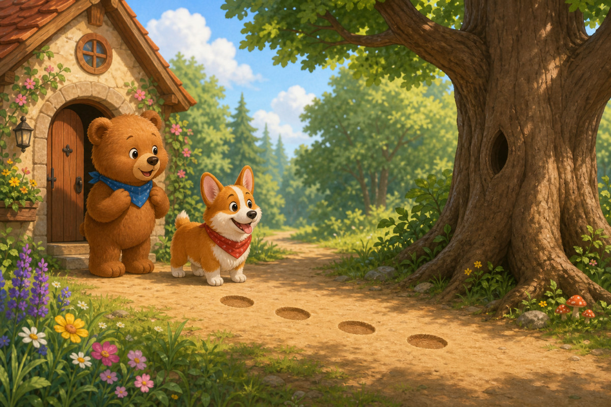 Ted and Corgi follow four muddy paw prints.