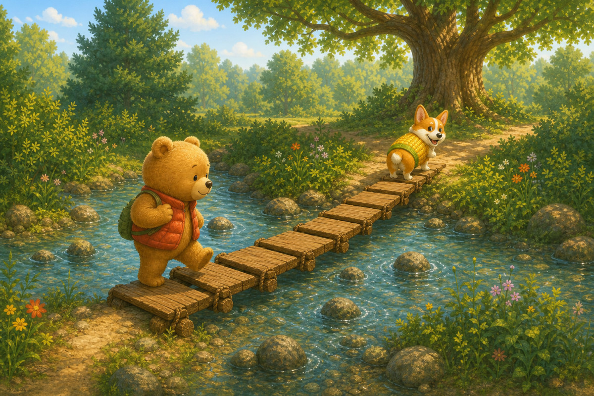 Ted and Corgi choose between paths with five and seven bridge planks.