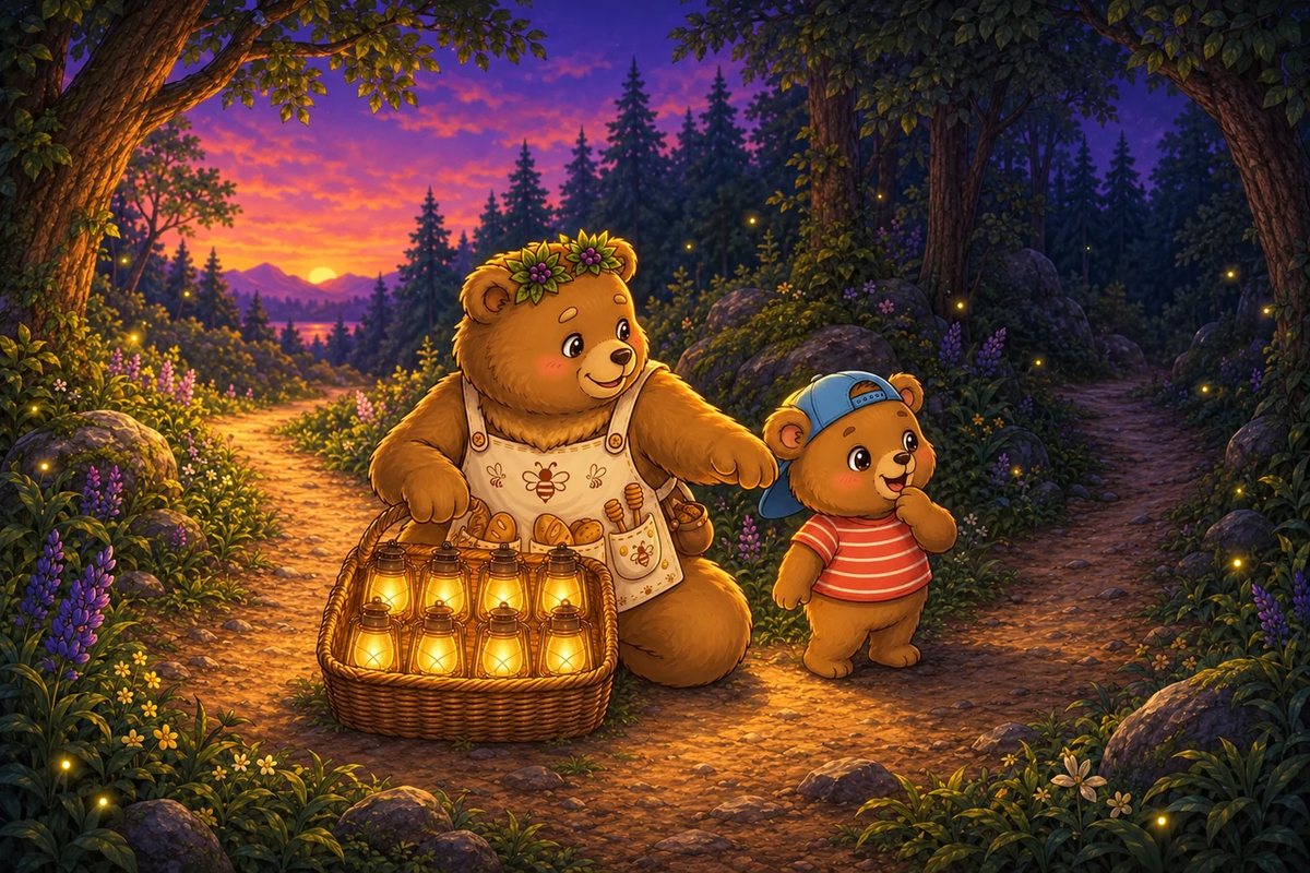 Ted-E-Bear, in a flower crown and apron, kneels at a fork in the woodland path with a basket of eight glowing lanterns as Honey-Beats looks on.