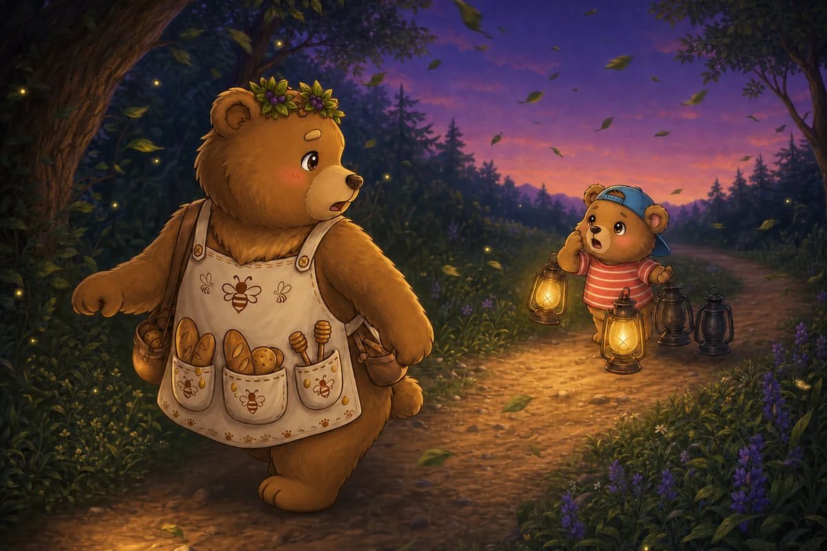 Ted-E-Bear turns back on the windy path towards Honey-Beats, who stands beside her lanterns, two of them gone dark.