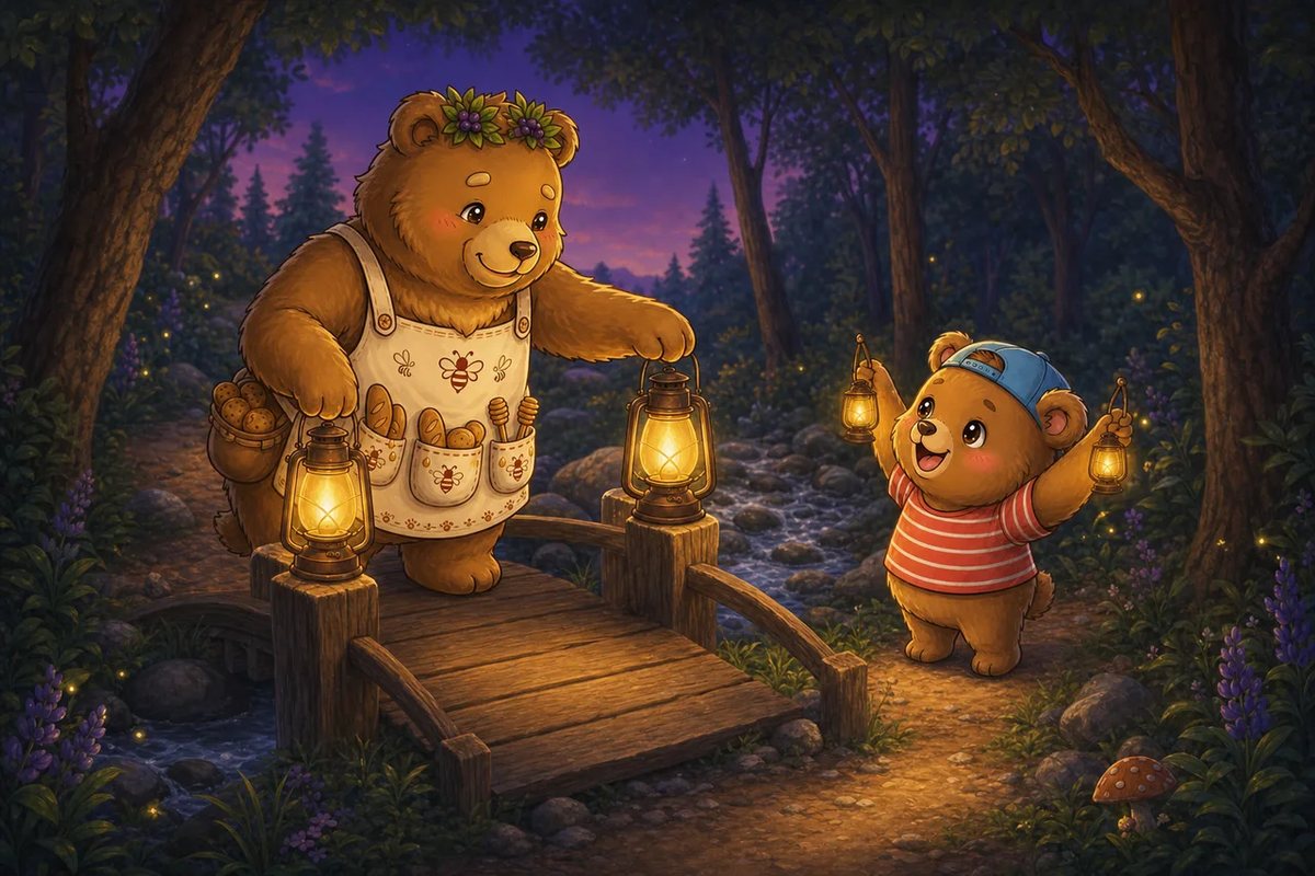 Ted-E-Bear sets a lantern on one side of a little wooden bridge while Honey-Beats holds up her two glowing lanterns.