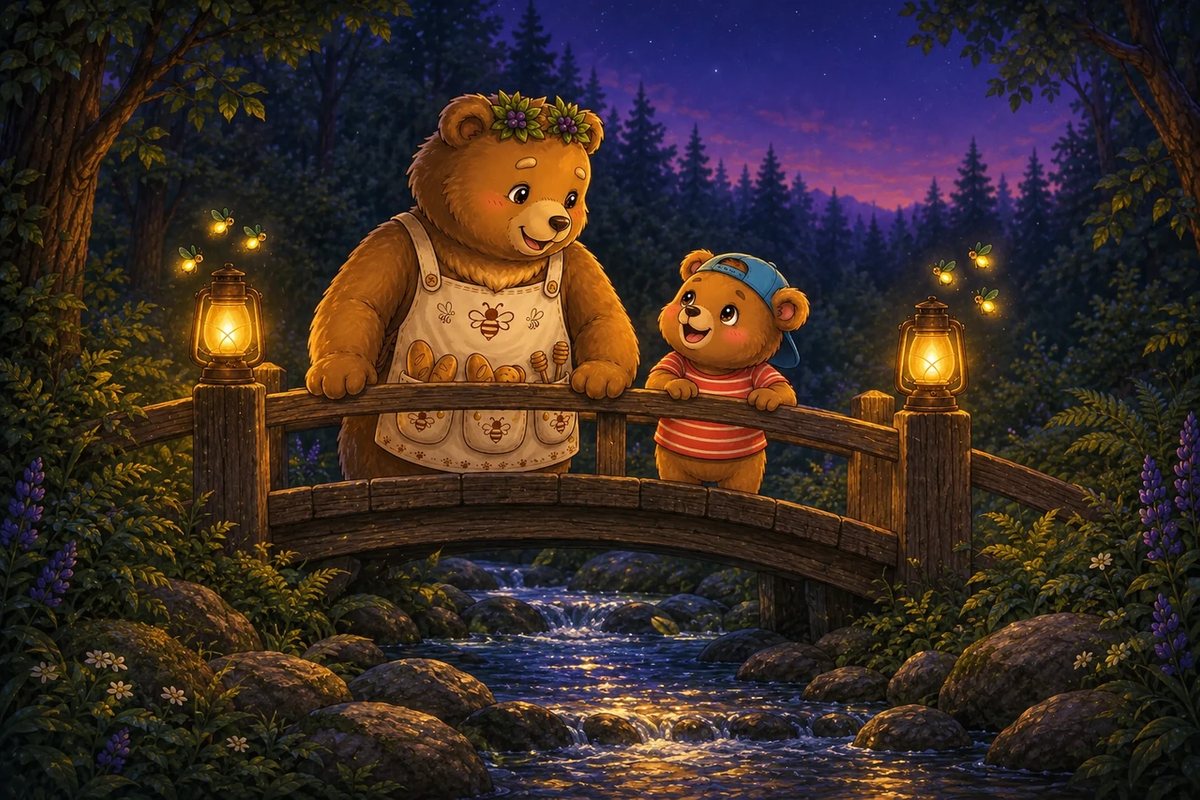 Ted-E-Bear and Honey-Beats lean on a footbridge over a creek between two lanterns, each with three fireflies beside it.
