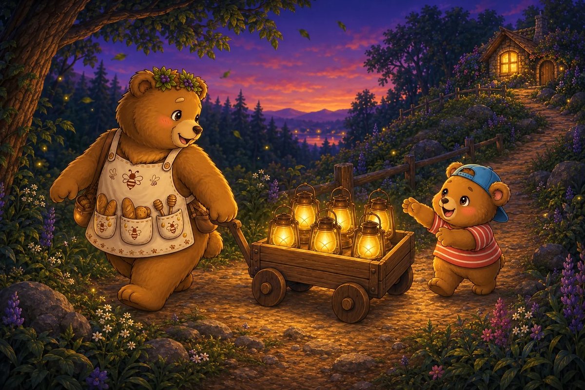 Ted-E-Bear pulls a wagon of six glowing lanterns up the hill path towards a lit cottage window, with Honey-Beats beside him.