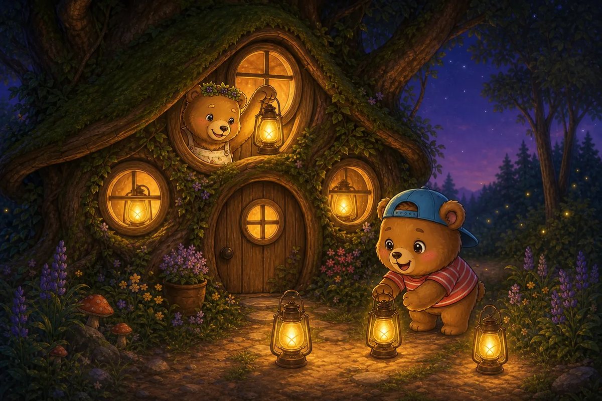 Honey-Beats sets glowing lanterns outside the round tree-cottage door while Ted-E-Bear places one in the window.
