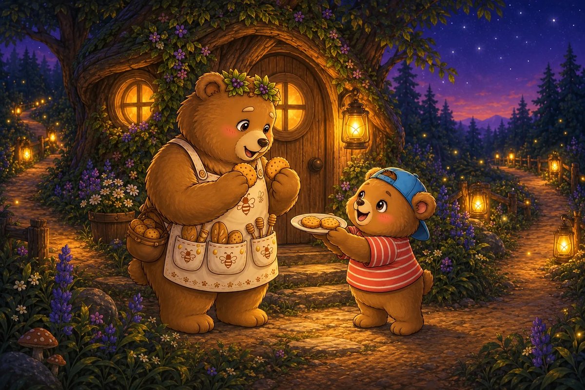 At the cottage door, Honey-Beats holds out a plate of honey biscuits and Ted-E-Bear takes two for his walk home.