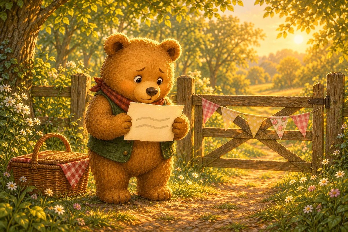 Ted-E-Bear, in a green waistcoat and red neckerchief, holds a large welcome card beside the picnic gate, looking worried.
