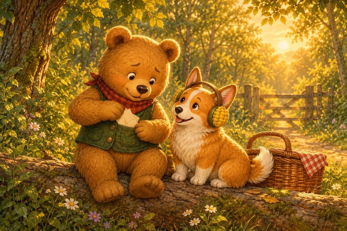 Ted-E-Bear sits on a log folding the card into his pocket while Corgi-on-the-Cob sits close beside him.