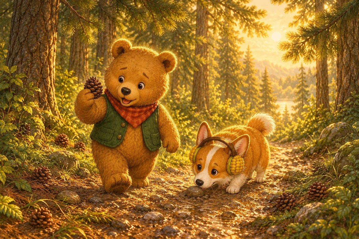 Ted-E-Bear holds up a pinecone on a woodland path scattered with pinecones and pebbles while Corgi sniffs the ground.