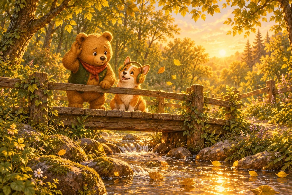 Ted-E-Bear and Corgi lean on a little wooden bridge as golden leaves drift down onto the creek.